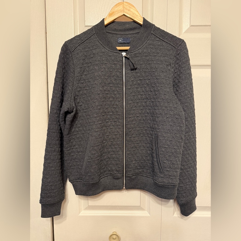 Women’s Gap Knit Bomber-Style Jacket Embossed Design — Size L, Charcoal Gray